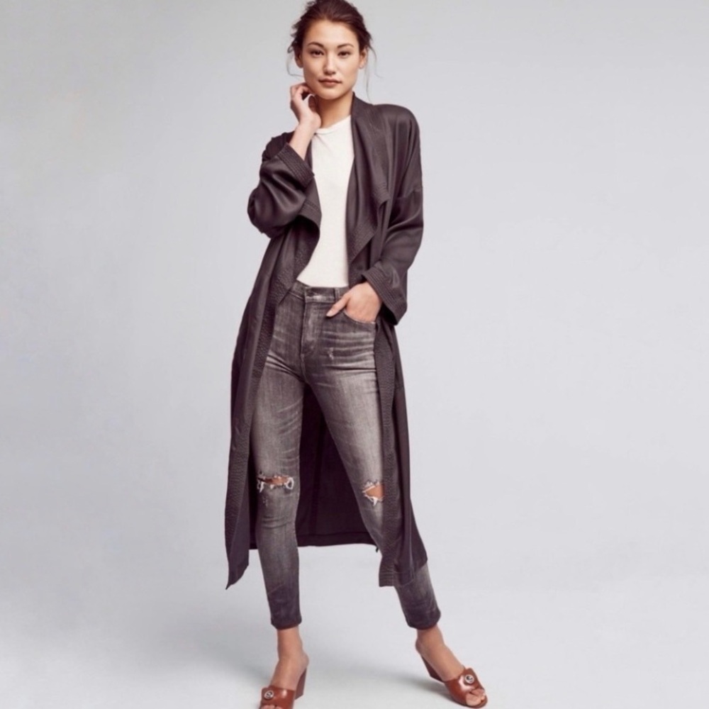 Anthropologie Hei Hei Trapunto Robe Coat Twill Lyocell Duster Charcoal Sm NWOT